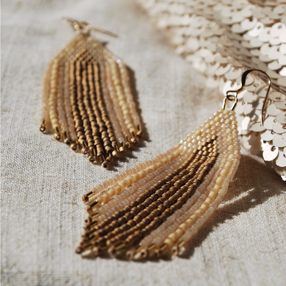 Handmade Glass Bead Fringe Earrings, Long Boho Bead Earrings